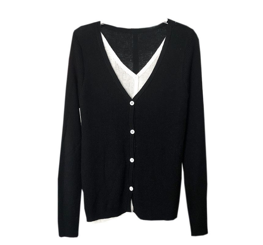 Mock Button-Up Two-Piece V-Neck Two Top Knit Tone Long-Sleeve