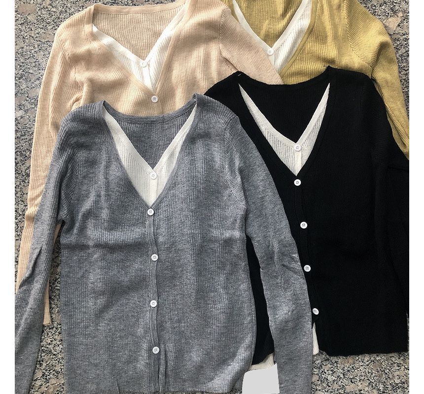 Mock Button-Up Two-Piece V-Neck Two Top Knit Tone Long-Sleeve