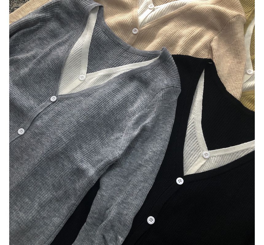 Mock Button-Up Two-Piece V-Neck Two Top Knit Tone Long-Sleeve