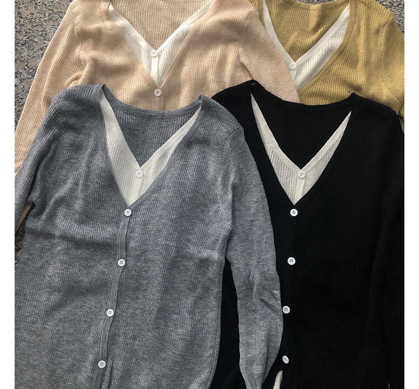 Mock Button-Up Two-Piece V-Neck Two Top Knit Tone Long-Sleeve