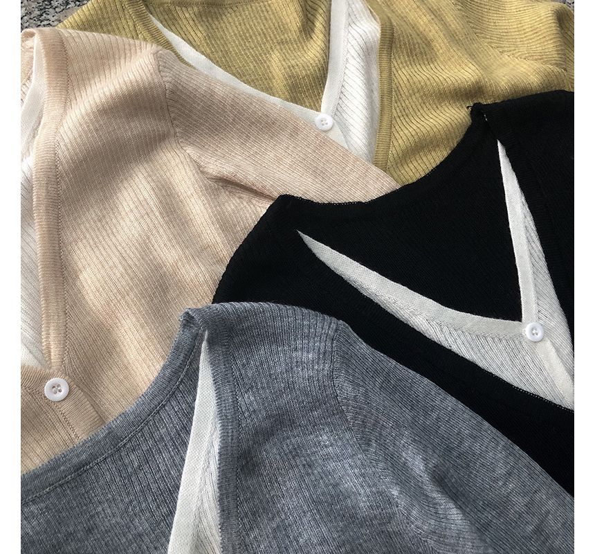 Mock Button-Up Two-Piece V-Neck Two Top Knit Tone Long-Sleeve