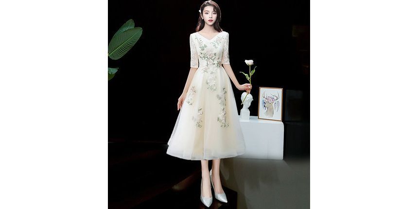 Gown Short-Sleeve Floral V-Neck Embroidered Evening A-Line