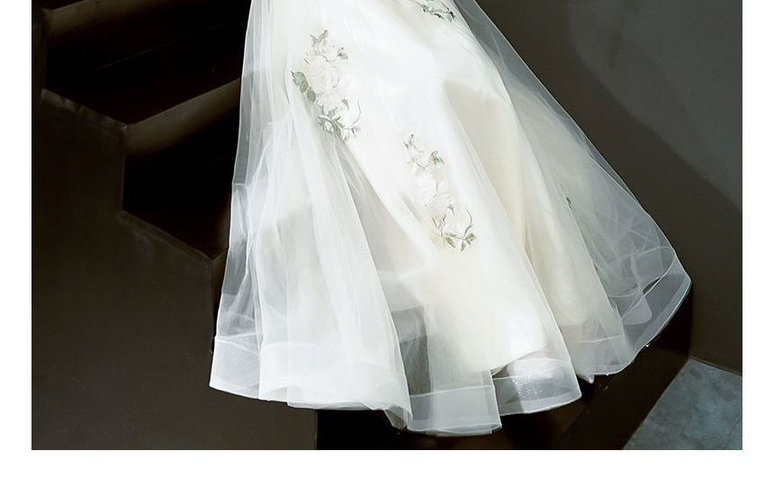 Gown Short-Sleeve Floral V-Neck Embroidered Evening A-Line