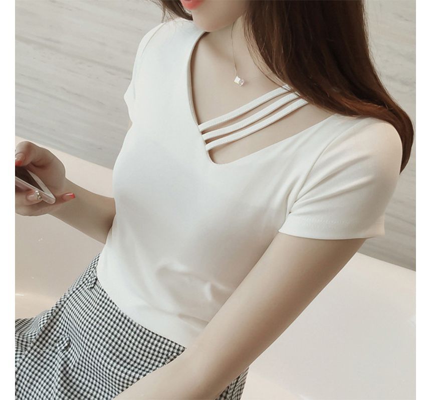 Strappy Short-Sleeve Plain V-Neck Asymmetrical Tee