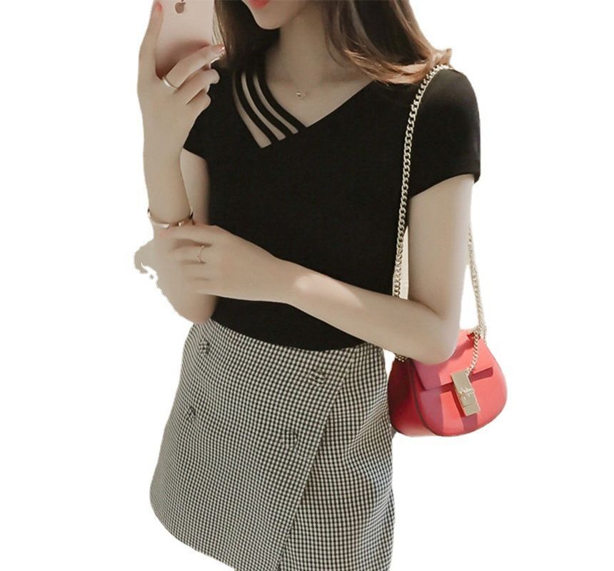 Strappy Short-Sleeve Plain V-Neck Asymmetrical Tee