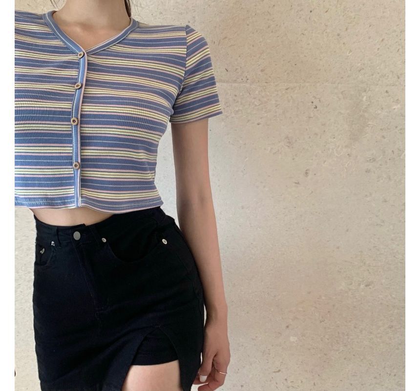 Short-Sleeve Button-Up Striped V-Neck Crop Tee
