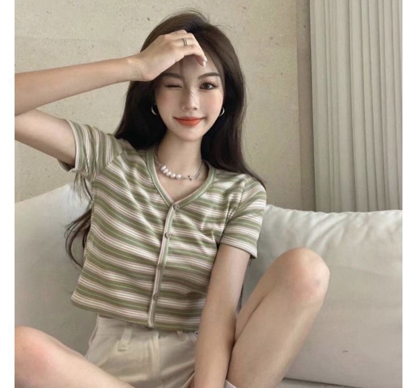 Short-Sleeve Button-Up Striped V-Neck Crop Tee