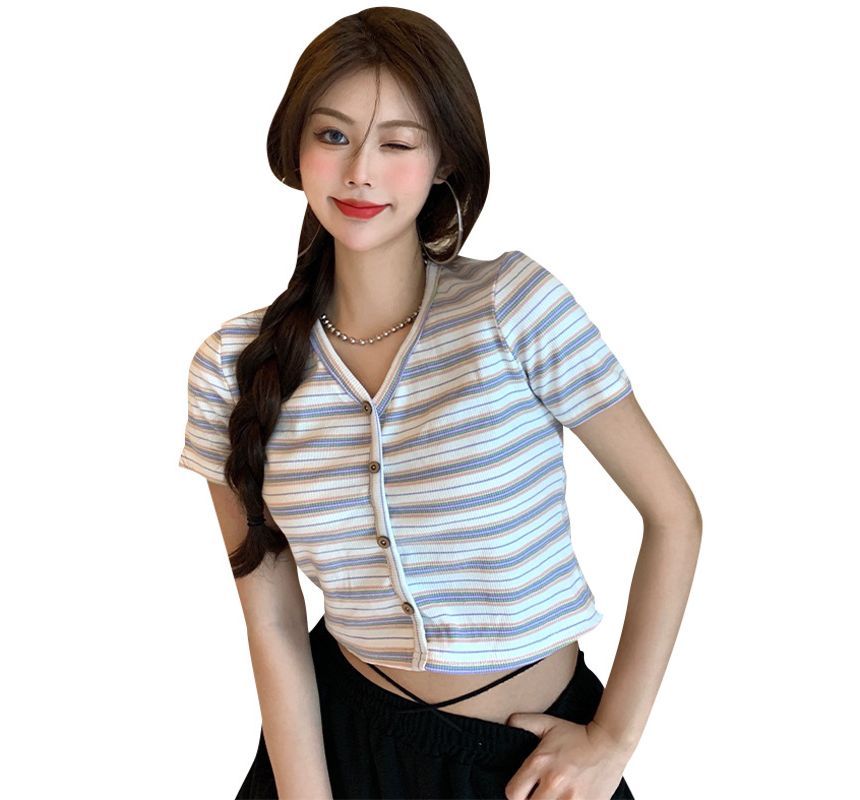Short-Sleeve Button-Up Striped V-Neck Crop Tee