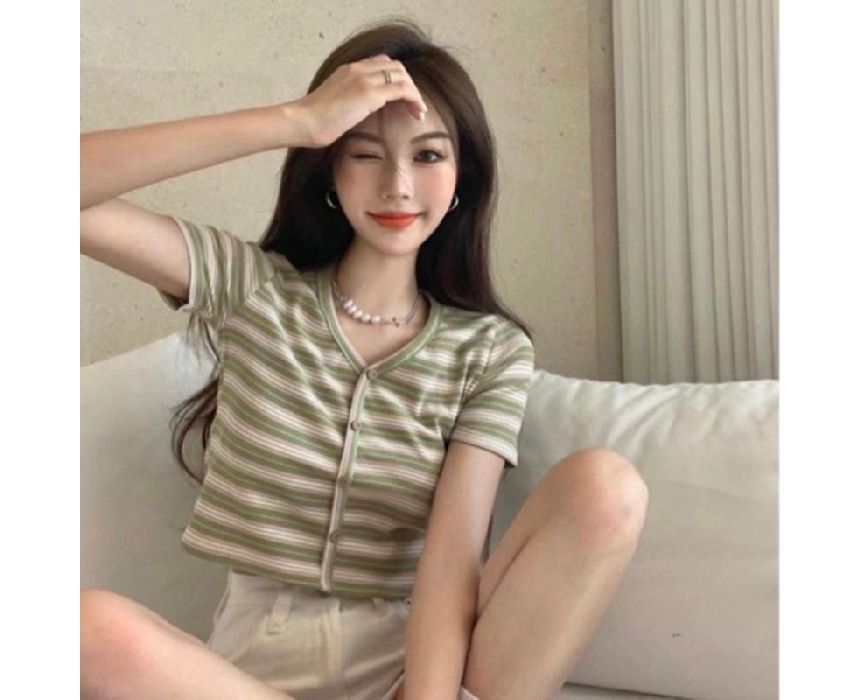 Short-Sleeve Button-Up Striped V-Neck Crop Tee