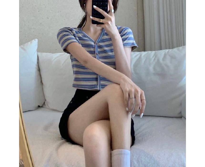 Short-Sleeve Button-Up Striped V-Neck Crop Tee