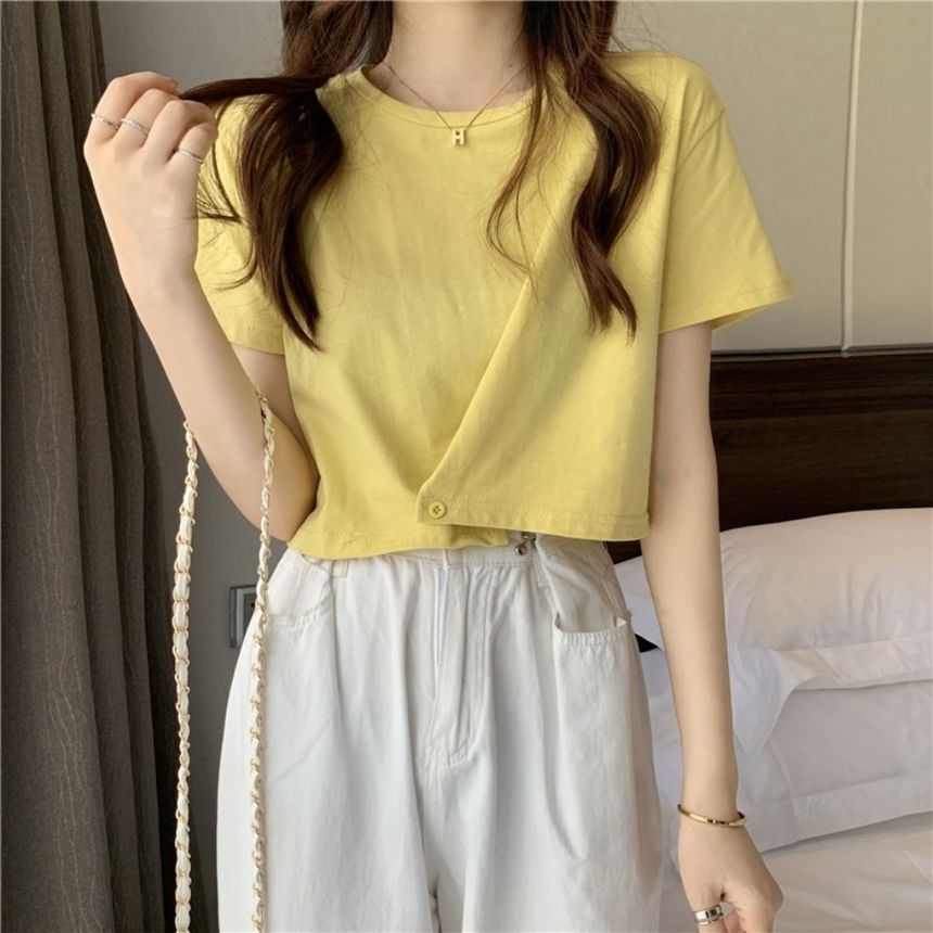 Plain Round Buttoned Neck Tee Short-Sleeve