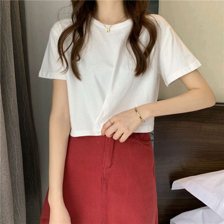 Plain Round Buttoned Neck Tee Short-Sleeve
