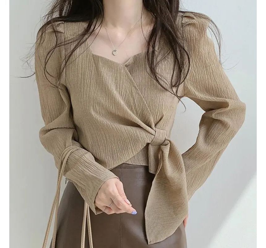 Puff-Sleeve Tie-Side Sweetheart-Neckline Plain Blouse