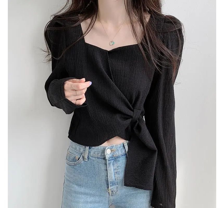 Puff-Sleeve Tie-Side Sweetheart-Neckline Plain Blouse