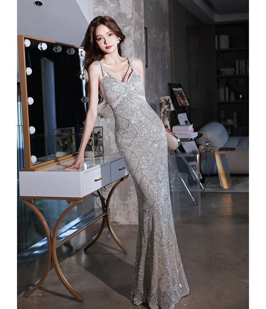 V-Neck Mermaid Spaghetti Faux Gown Sequin Plain Beaded Pearl Evening Strap