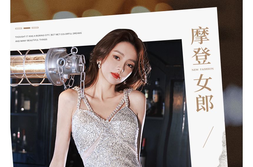 V-Neck Mermaid Spaghetti Faux Gown Sequin Plain Beaded Pearl Evening Strap