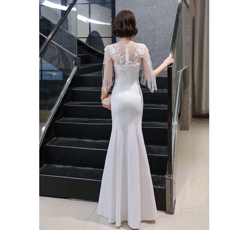 Panel Mesh Neck Fringe Flower Gown Short-Sleeve Boat Mermaid Beaded Evening Plain Embroidered