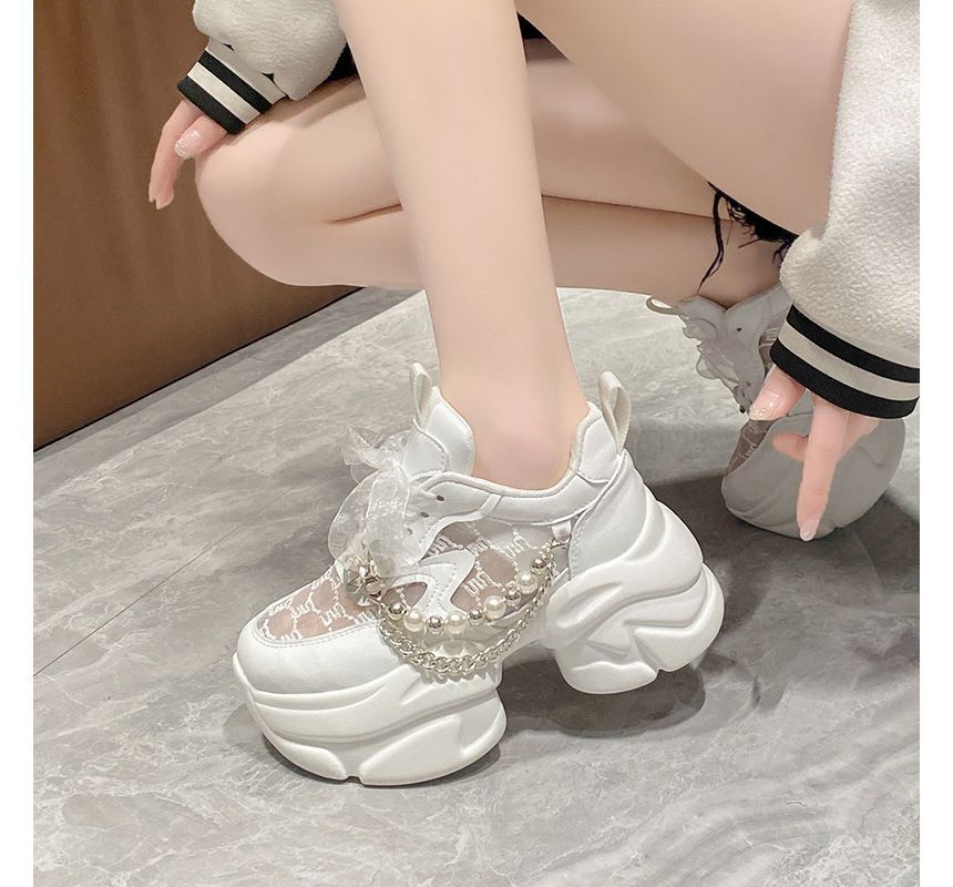 Lace-Up Lace Pearl Panel Faux Sneakers Pattered Platform
