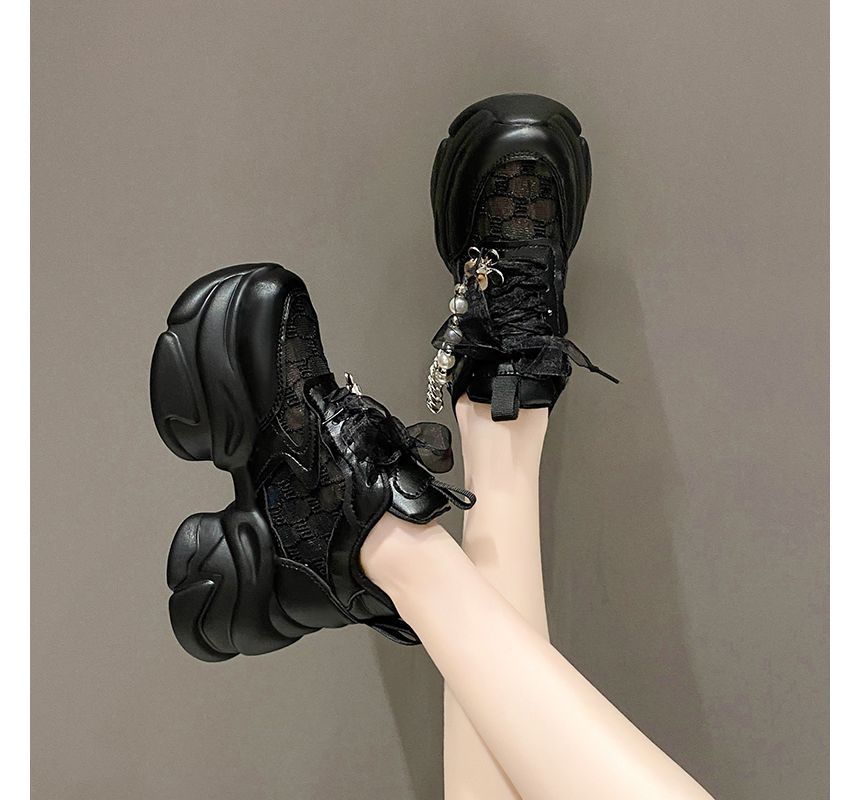 Lace-Up Lace Pearl Panel Faux Sneakers Pattered Platform