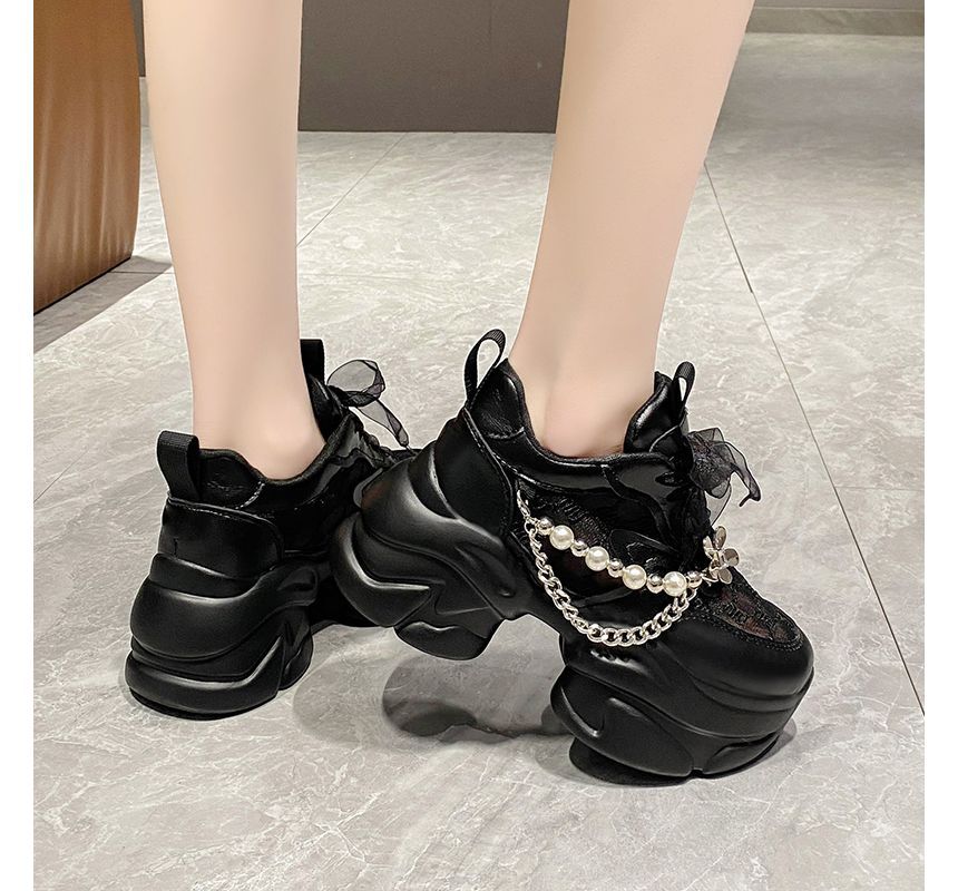 Lace-Up Lace Pearl Panel Faux Sneakers Pattered Platform