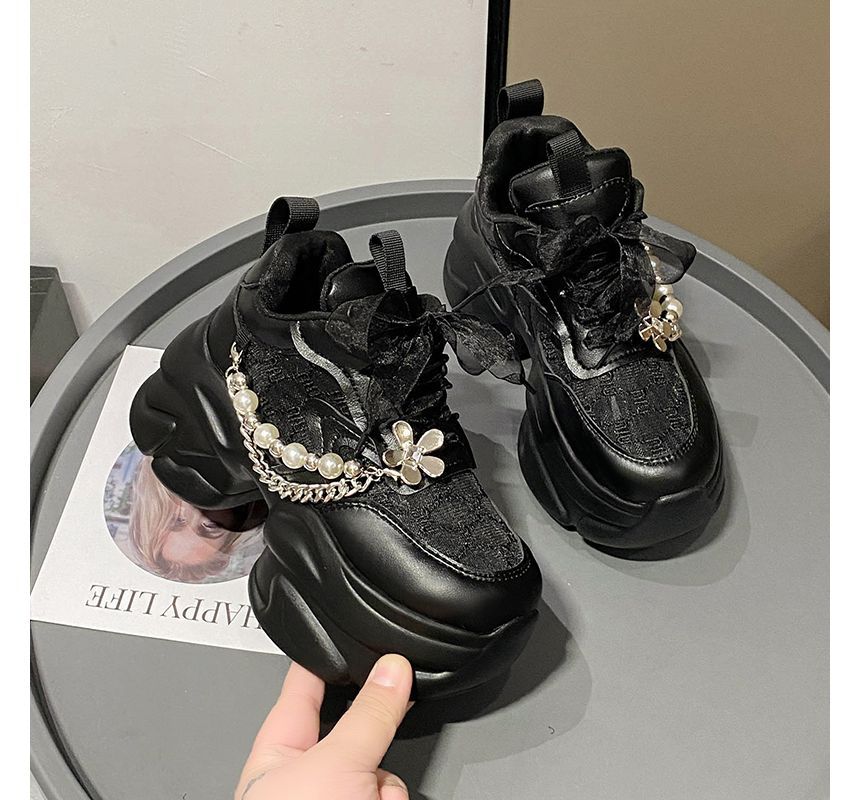 Lace-Up Lace Pearl Panel Faux Sneakers Pattered Platform