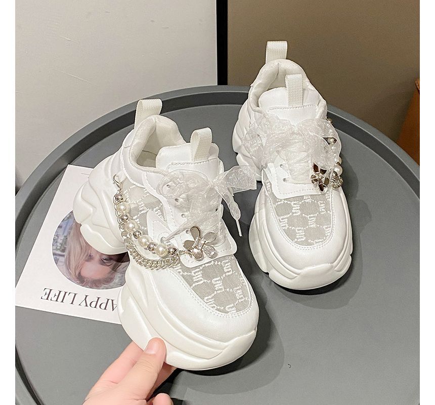 Lace-Up Lace Pearl Panel Faux Sneakers Pattered Platform