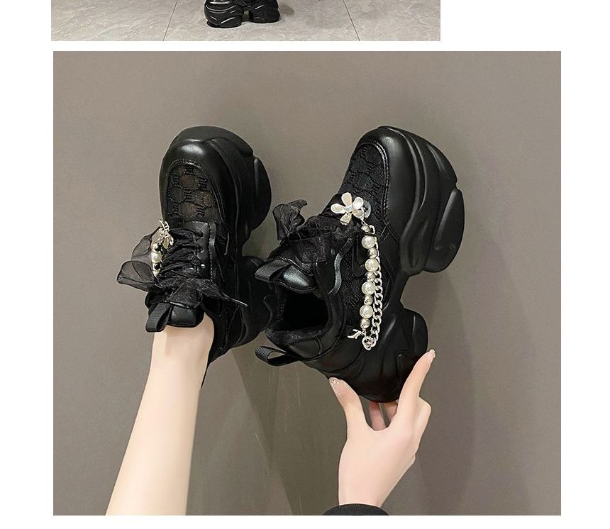 Lace-Up Lace Pearl Panel Faux Sneakers Pattered Platform