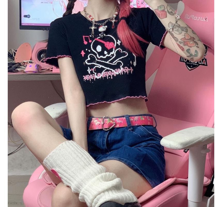 Crop Print Neck Skull Trim Crew Short-Sleeve Contrast Tee