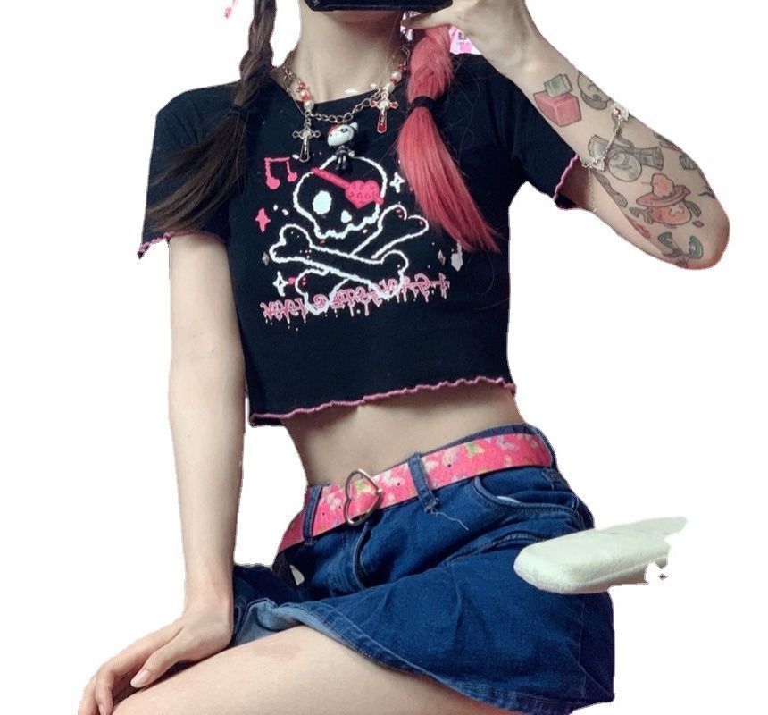 Crop Print Neck Skull Trim Crew Short-Sleeve Contrast Tee