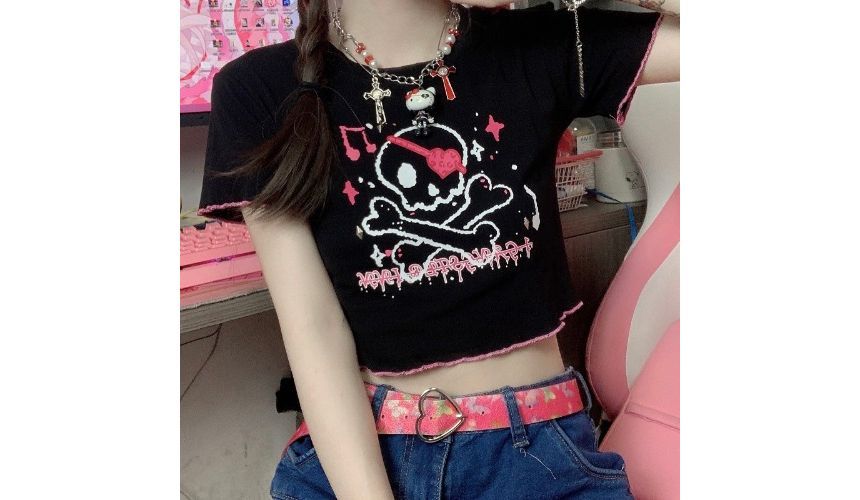 Crop Print Neck Skull Trim Crew Short-Sleeve Contrast Tee