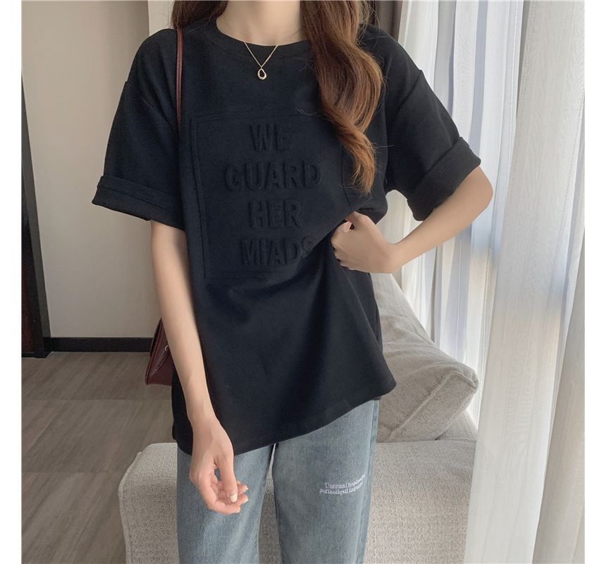 Neck Embossed Lettering Oversized Elbow-Sleeve Tee Crew Plain