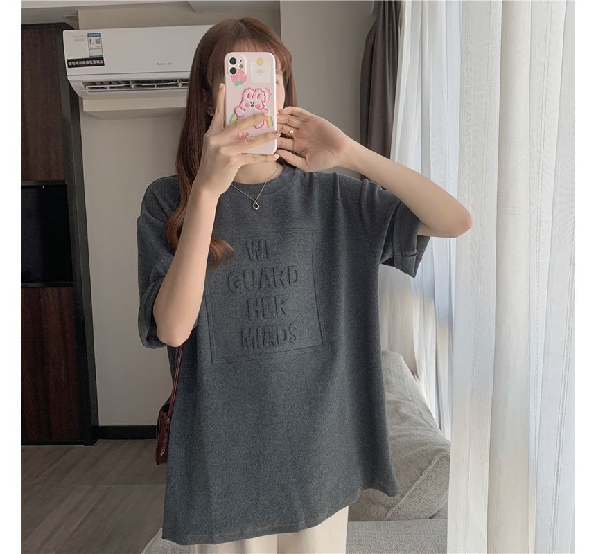 Neck Embossed Lettering Oversized Elbow-Sleeve Tee Crew Plain