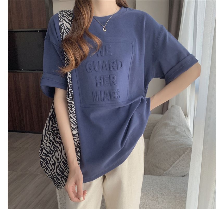 Neck Embossed Lettering Oversized Elbow-Sleeve Tee Crew Plain