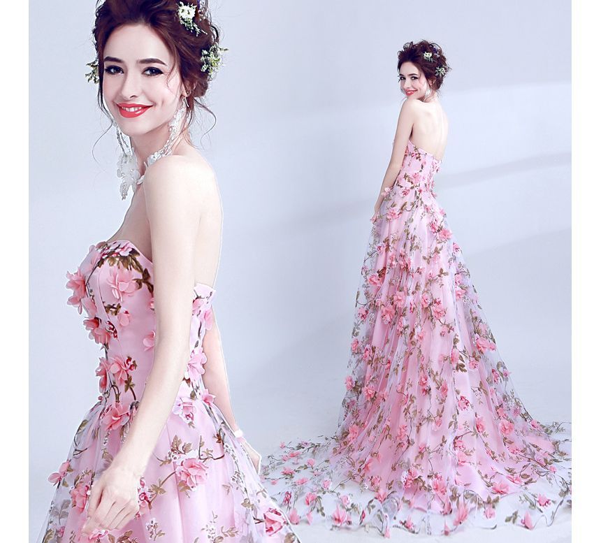 Floral A-Line Gown Evening Strapless Lace