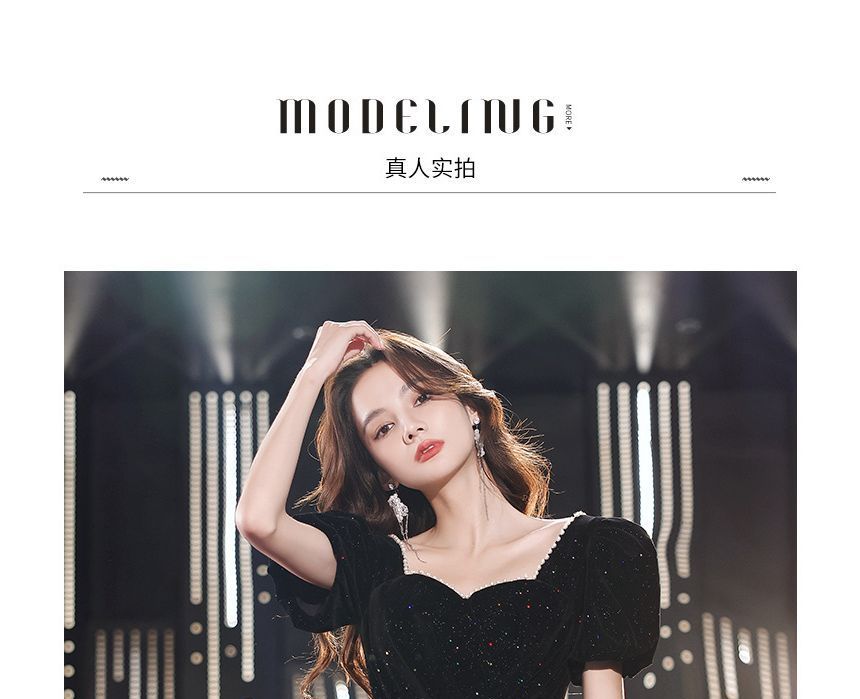 A-Line Glitter Faux Trim Gown Sweetheart-Neckline Pear Evening Puff-Sleeve