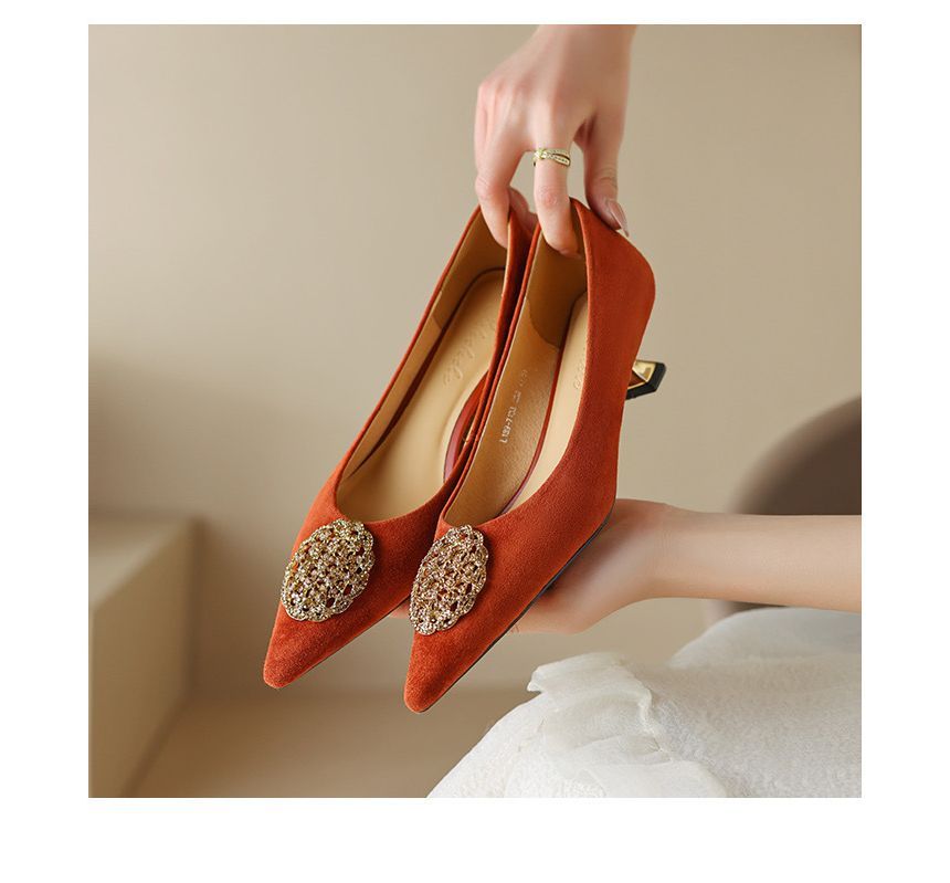 Kitten-Heel Rhinestone Pointed Pumps