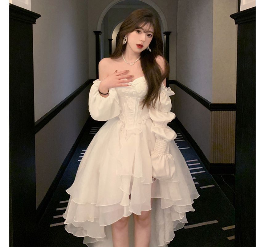 Evening Long-Sleeve Low High Mesh Sweetheart Gown Neckline