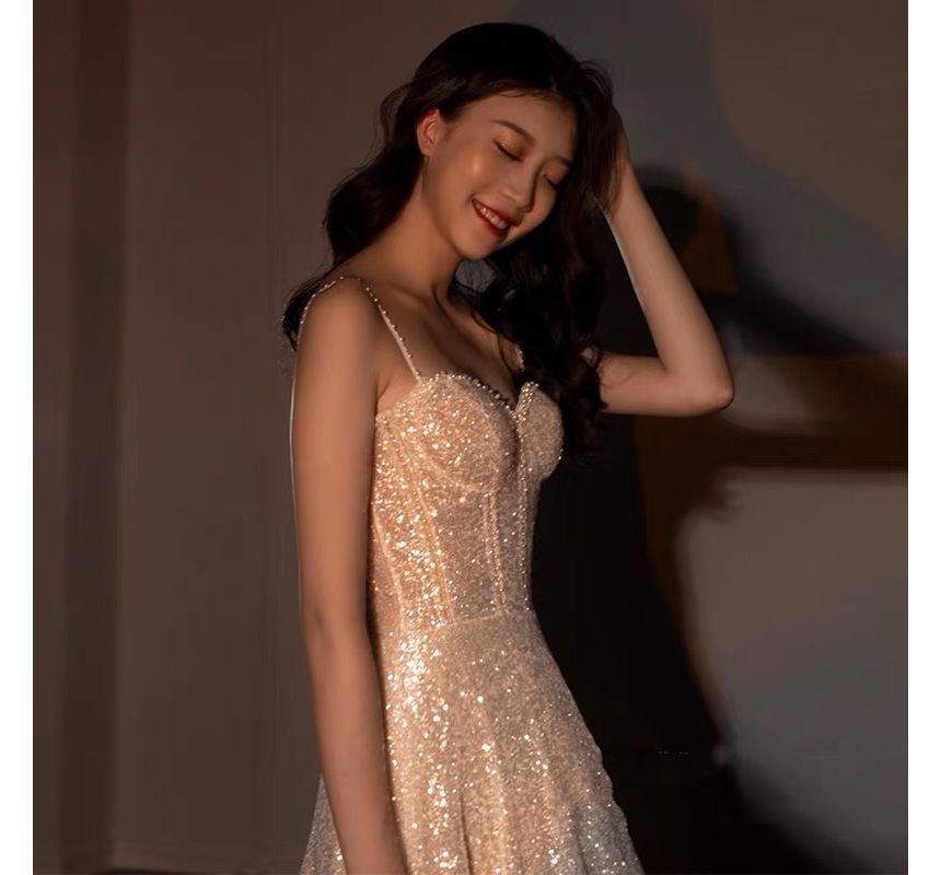 Gown Trained Evening Spaghetti A-Line Neckline Glitter Strap Sweetheart