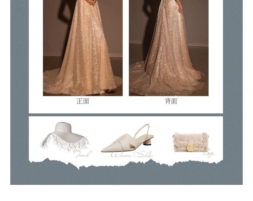 Gown Trained Evening Spaghetti A-Line Neckline Glitter Strap Sweetheart