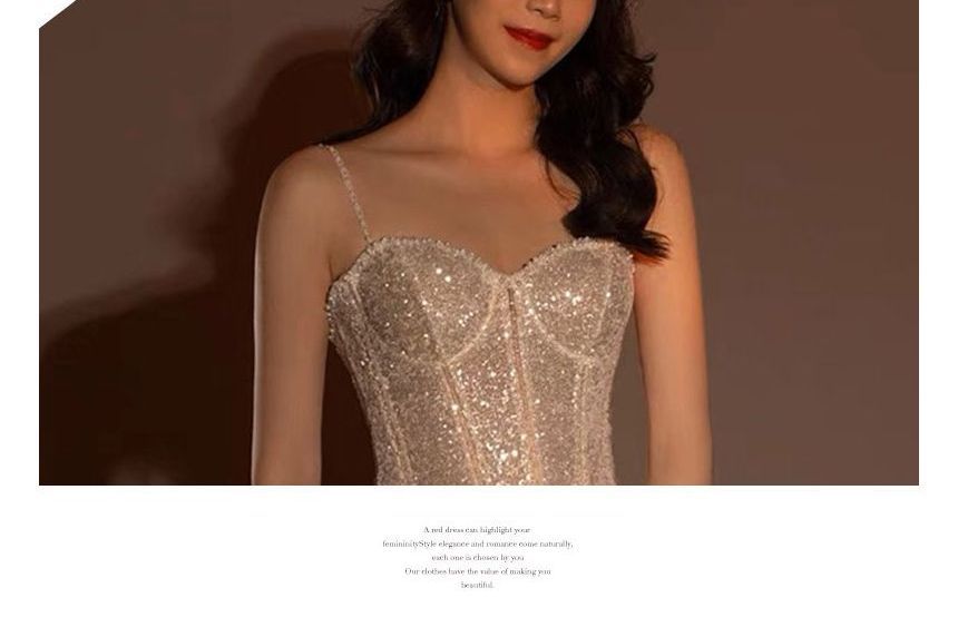 Gown Trained Evening Spaghetti A-Line Neckline Glitter Strap Sweetheart
