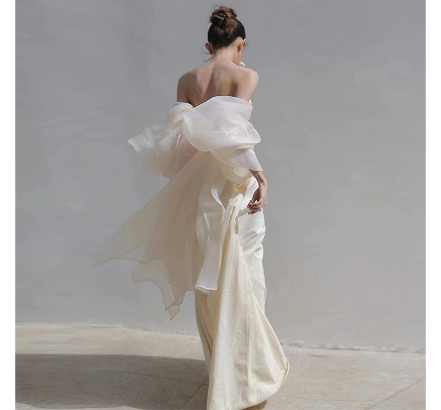 Evening Puff-Sleeve Plain Gown Off-Shoulder Sheath