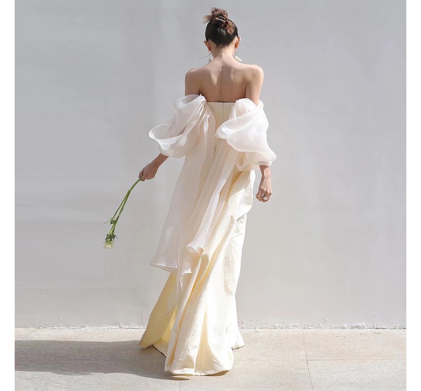 Evening Puff-Sleeve Plain Gown Off-Shoulder Sheath