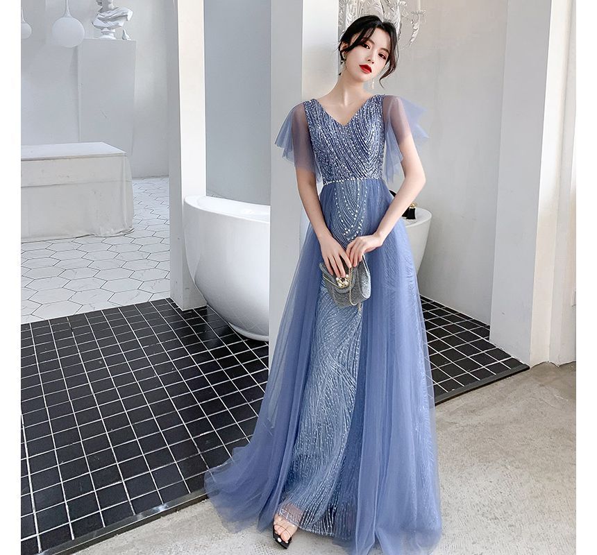 Flare-Sleeve Mesh A-Line V-Neck Evening Gown