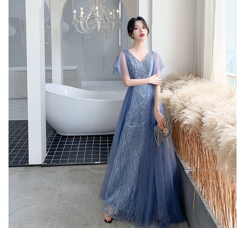 Flare-Sleeve Mesh A-Line V-Neck Evening Gown