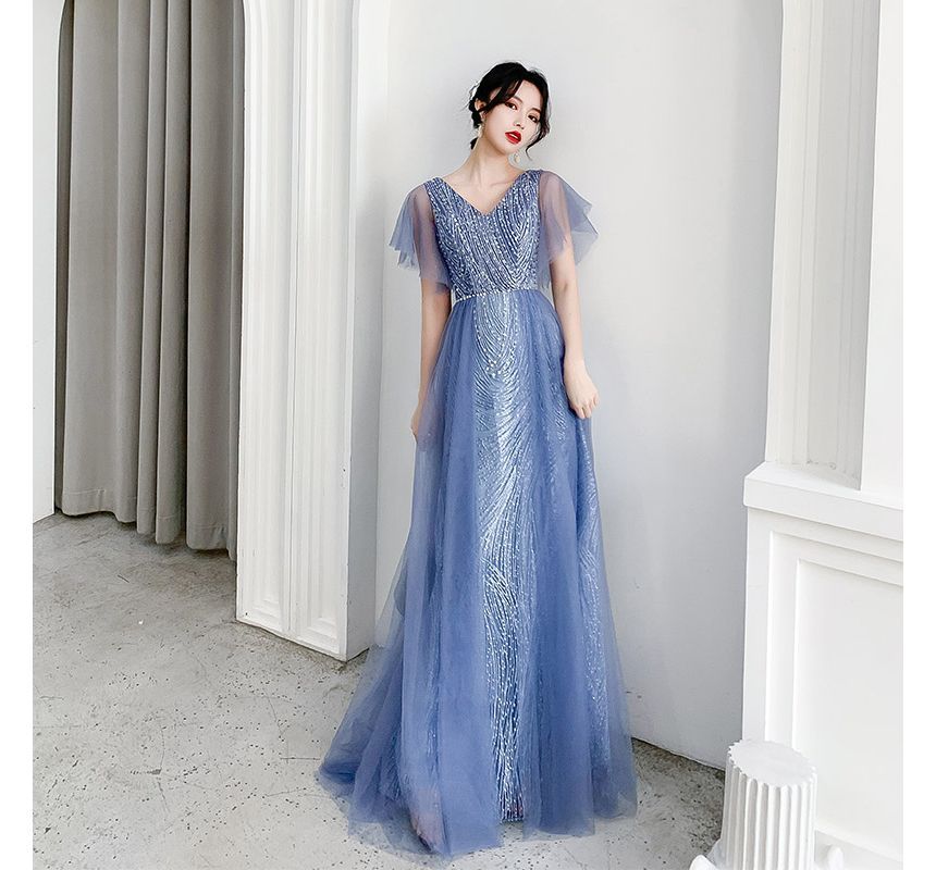 Flare-Sleeve Mesh A-Line V-Neck Evening Gown