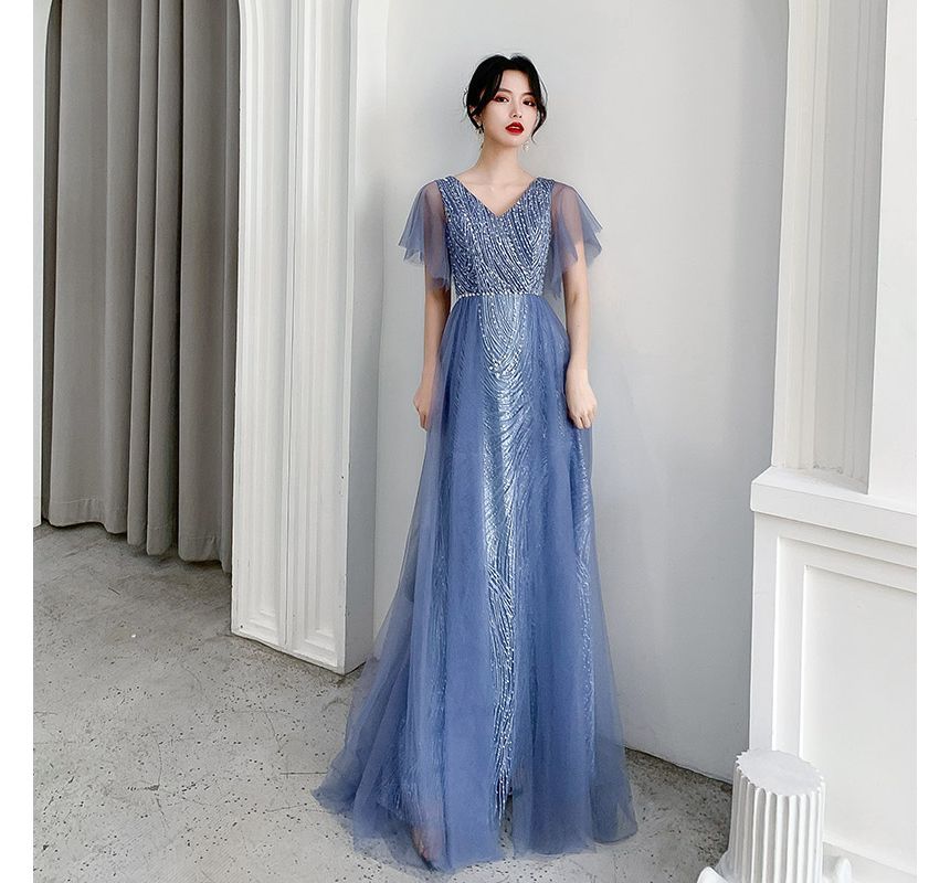 Flare-Sleeve Mesh A-Line V-Neck Evening Gown