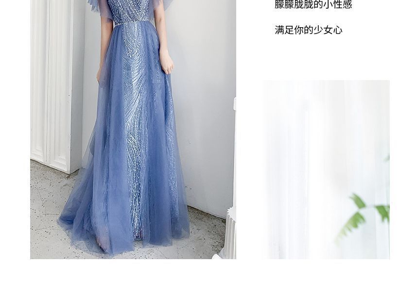 Flare-Sleeve Mesh A-Line V-Neck Evening Gown