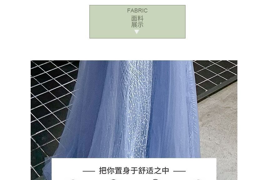 Flare-Sleeve Mesh A-Line V-Neck Evening Gown