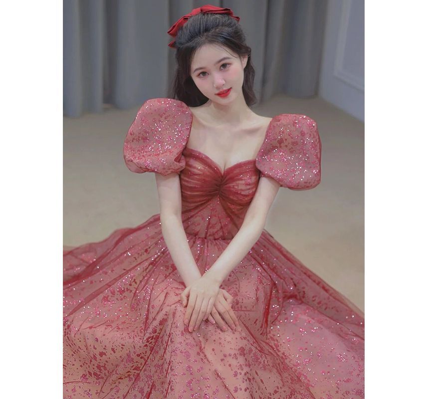 A-Line Sequined Gown Evening Neckline Puff-Sleeve Sweetheart