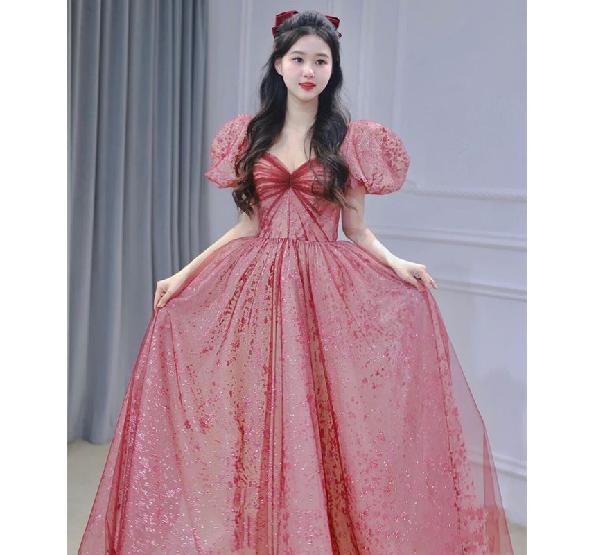 A-Line Sequined Gown Evening Neckline Puff-Sleeve Sweetheart